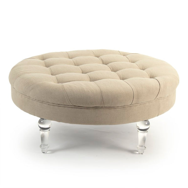 Zentique Adalene Ottoman with Acrylic Accents and Plush Linen Upholstery — Versatile Seating, Durable Style Tan Linen ZMA010
