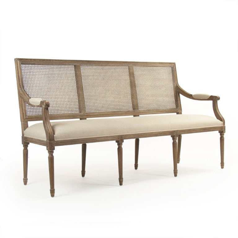 Zentique Louis Louis Cane Back Bench Solid Oak with Linen Seat, Natural Finish, Timeless Entryway Accent ZMA014