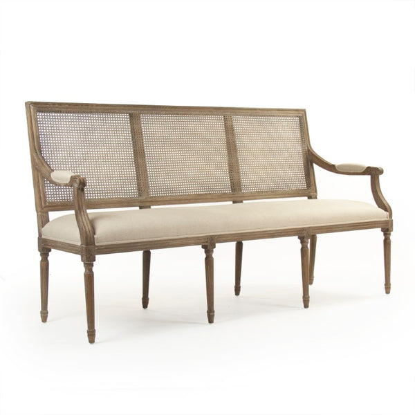 Zentique Louis Louis Cane Back Bench Solid Oak with Linen Seat, Natural Finish, Timeless Entryway Accent ZMA014