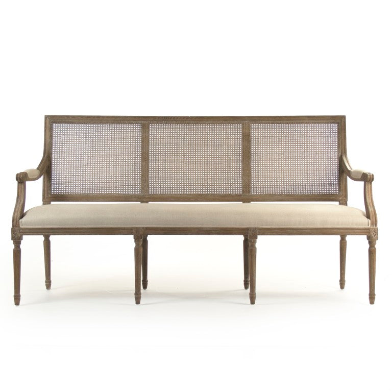 Zentique Louis Louis Cane Back Bench Solid Oak with Linen Seat, Natural Finish, Timeless Entryway Accent ZMA014