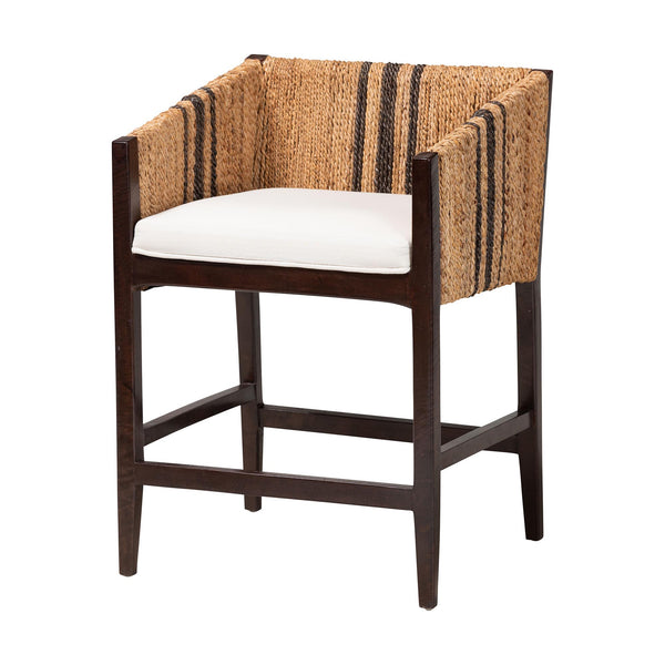 Baxton Studio Bali & Pari Zeke Handwoven Seagrass Mango Wood Counter Stool with Wraparound Arms Zeke-Brown/Natural-Cushion-Arm-CS