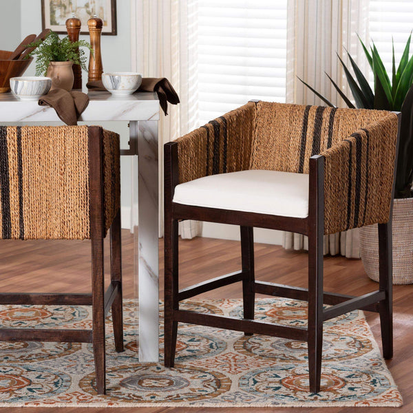 Bali & Pari Zeke Handwoven Seagrass Mango Wood Counter Stool with Wraparound Arms