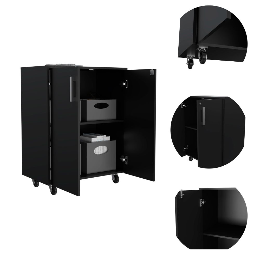 English Elm Double Double Door 27.5" Base Cabinet on Casters with Lockable Doors, 2 Shelves, Black Durable Finish B20092084