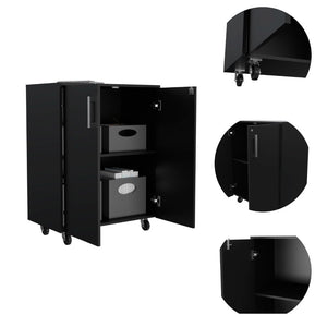 English Elm Double Double Door 27.5" Base Cabinet on Casters with Lockable Doors, 2 Shelves, Black Durable Finish B20092084