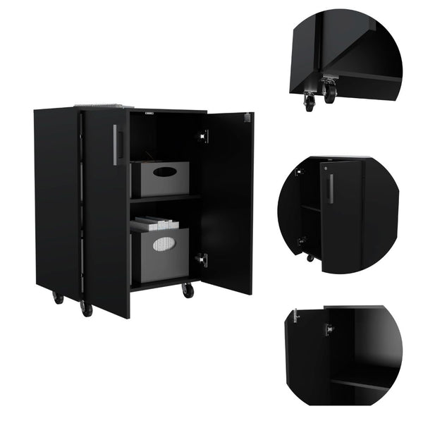 English Elm Double Double Door 27.5" Base Cabinet on Casters with Lockable Doors, 2 Shelves, Black Durable Finish B20092084