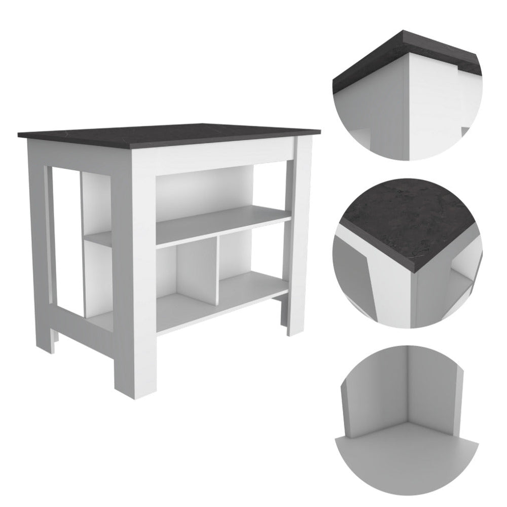 English Elm Kitchen Island - Modern 35" H Table With 3 Open Shelves, White & Onix Finish For Stylish Storage B097132969