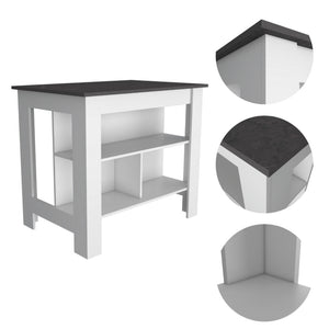 English Elm Kitchen Island - Modern 35" H Table With 3 Open Shelves, White & Onix Finish For Stylish Storage B097132969