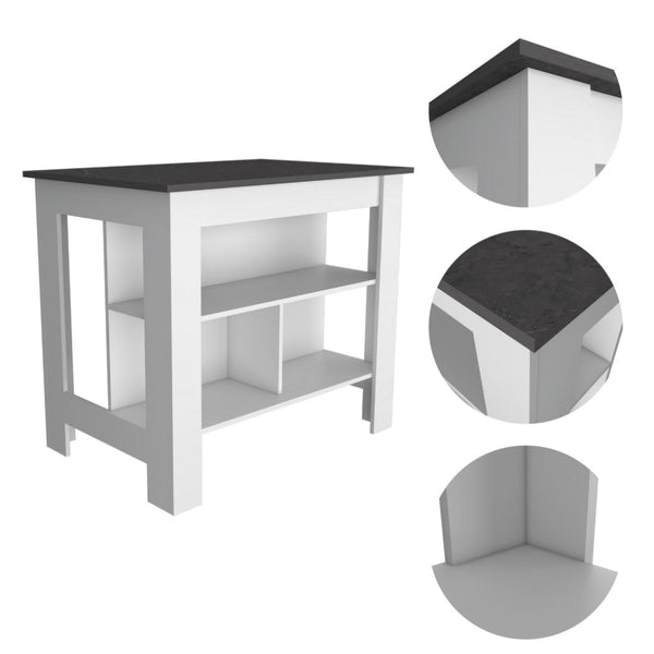English Elm Kitchen Island - Modern 35" H Table With 3 Open Shelves, White & Onix Finish For Stylish Storage B097132969