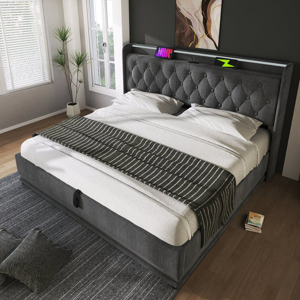 English Elm Queen Upholstered Bed with Surround LED, App/Remote Control, Hydraulic Storage, USB Type-C Charging Gray N736P188807G