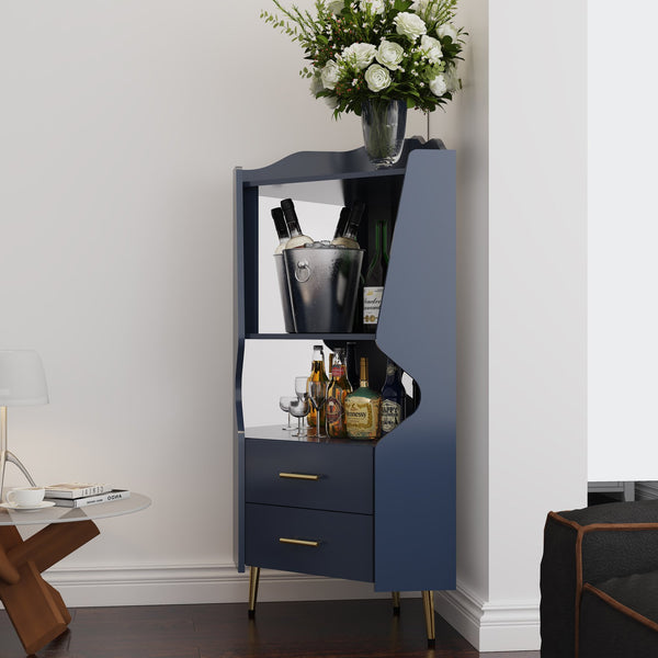 English Elm Wooden Corner Bar Cabinet with Mirrored Back, High Legs, 2 Shelves & 2 Drawers for Stylish Storage Blue W2899P374346