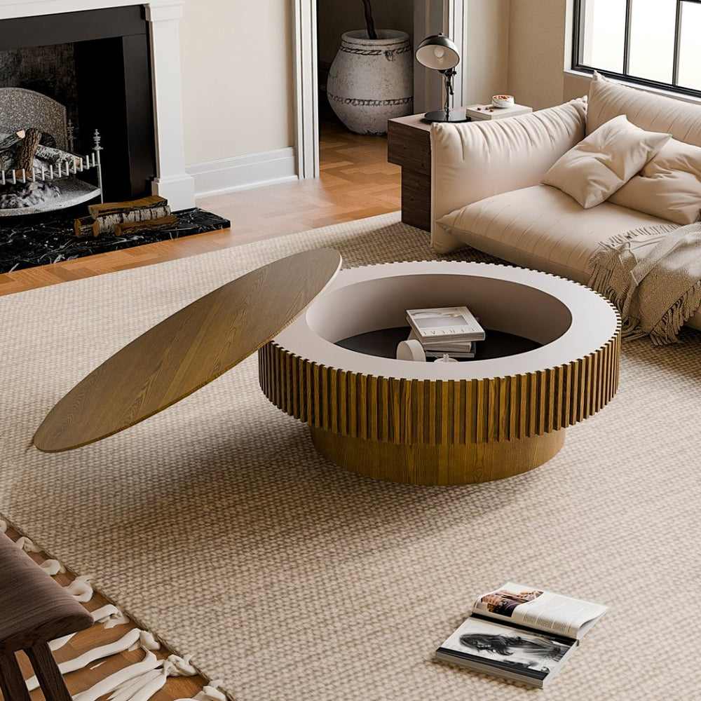 English Elm 39.37'' Fluted Drum Round Coffee Table Lift Top Hidden Storage Wood Veneer Modern W1435P409016