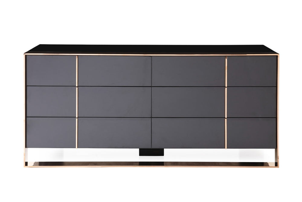VIG Furniture Cartier Modern Black Lacquer Dresser With Rosegold Trim, 6 Soft-Closing Drawers, Fully Assembled VGVC-A002-D