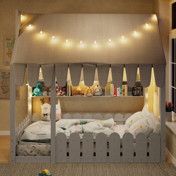 English Elm {slats Are Not Included} Twin Montessori House Floor Bed Kids Tent Lights Shelves Pinewood Frame Gray N708P407963E