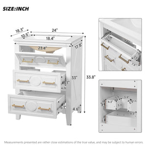 English Elm 24'' Bathroom Vanity with Ceramic Sink and 3 Drawers Retro Solid Wood Frame Freestanding Storage White N710P371184K