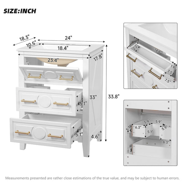 English Elm 24'' Bathroom Vanity with Ceramic Sink and 3 Drawers Retro Solid Wood Frame Freestanding Storage White N710P371184K