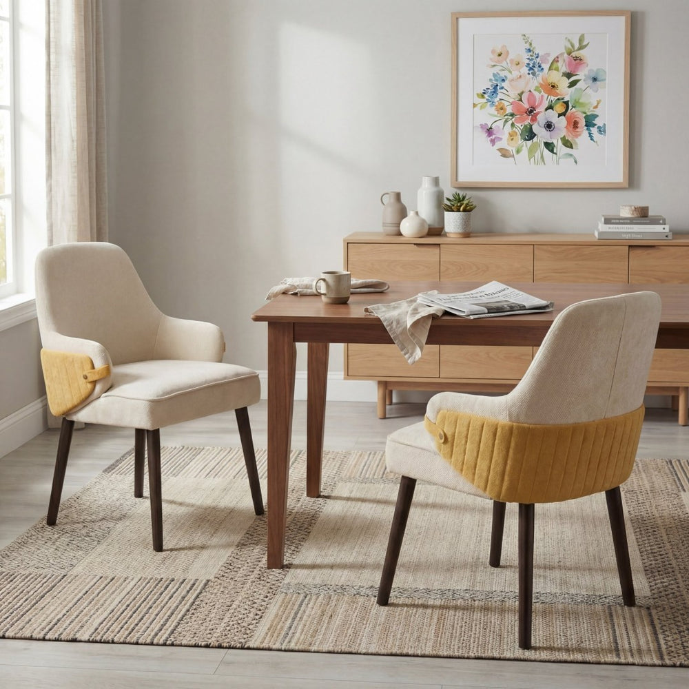 English Elm Indoor Two-tone Fabric Armchair Set Curved Back Ergonomic Dining Accent Seating Beige,Yellow N779P370716B