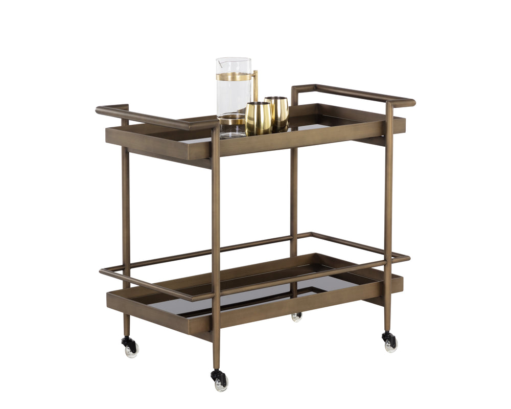 Sunpan Livingston Bar Cart - Stylish Mobility with Sleek Glass Shelving and Elegant Tubular Frame for Entertaining Antique Brass