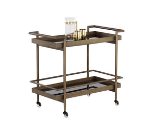 Sunpan Livingston Bar Cart - Stylish Mobility with Sleek Glass Shelving and Elegant Tubular Frame for Entertaining Antique Brass