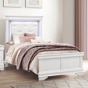 English Elm Glam Queen Bed with Faux Alligator Embossed Panels, Crystal-Tufted LED Backlit Headboard, Luxe Appeal White 49 L x 33 W x 9 H B011S02037