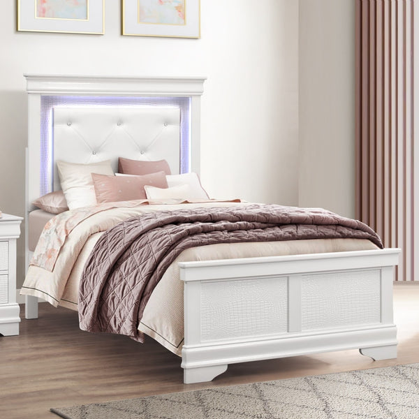 English Elm Glam Queen Bed with Faux Alligator Embossed Panels, Crystal-Tufted LED Backlit Headboard, Luxe Appeal White 49 L x 33 W x 9 H B011S02037