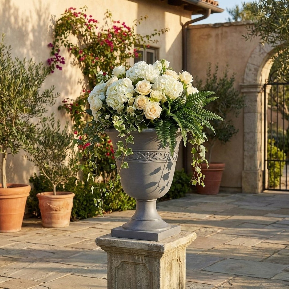 English Elm Classic Handcrafted Outdoor Planter Sculptural Fiberglass Patio Garden Urn for Entryways Light Gray N772P406699G