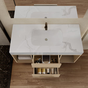 English Elm 39.4 Inch Floating Bathroom Vanity Sintered Stone Top Solid Wood 2 Soft Close Drawers W3136S00030
