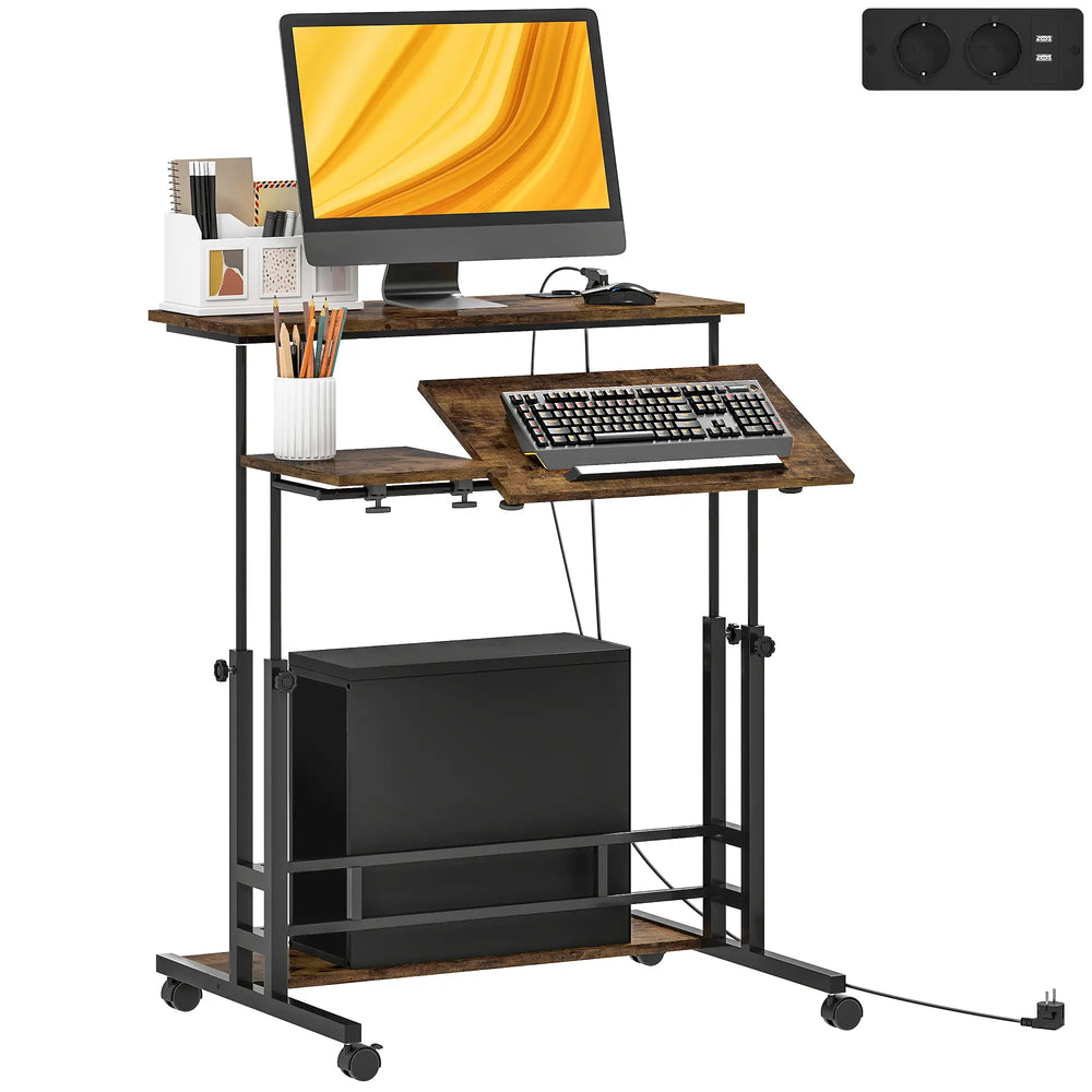 English Elm Adjustable Rolling Standing Desk with Tiltable Top Charging Ports and Locking Wheels T3971P397369