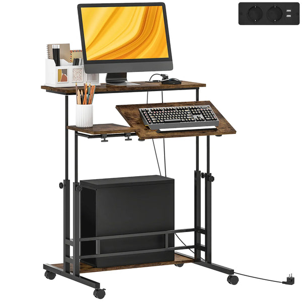 English Elm Adjustable Rolling Standing Desk with Tiltable Top Charging Ports and Locking Wheels T3971P397369