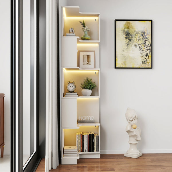 English Elm Corner 5-Tier Book Shelf with LED Accent Lighting, Space-Saving L-Shaped Corner Bookcase for Home White W331P293302