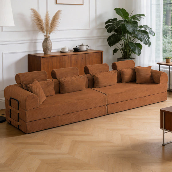 English Elm L Shaped Corduroy Sectional Sofa Converts to Sleeper Bed Space Saving Modular Couch Orange W5532S00004