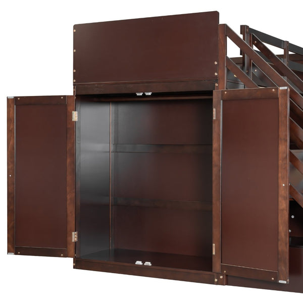 English Elm Twin Over Full Bunk Bed with Wardrobe Storage Stairs Shelves and Usb Charging Espresso LT000292AAP
