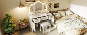 English Elm 44.37 Inch Hollywood Led Vanity Desk Tri-fold Mirror Bamboo Drawers Bedroom White N704P342558K