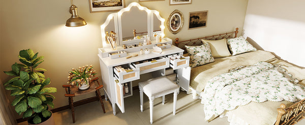 English Elm 44.37 Inch Hollywood Led Vanity Desk Tri-fold Mirror Bamboo Drawers Bedroom White N704P342558K