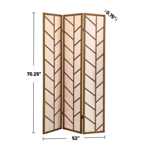 English Elm 3-Panel Folding Shoji Screen Room Divider Walnut Pine Frame with Jute Linen Panels & Feather Motif, Rustic Modern B016P384829