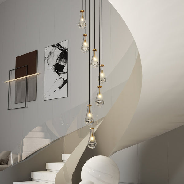 English Elm 7 Modern Raindrop Chandelier with 7 Glass Shades, Adjustable Height Semi-Flush Mount for Dining Room Gold W2312P389957