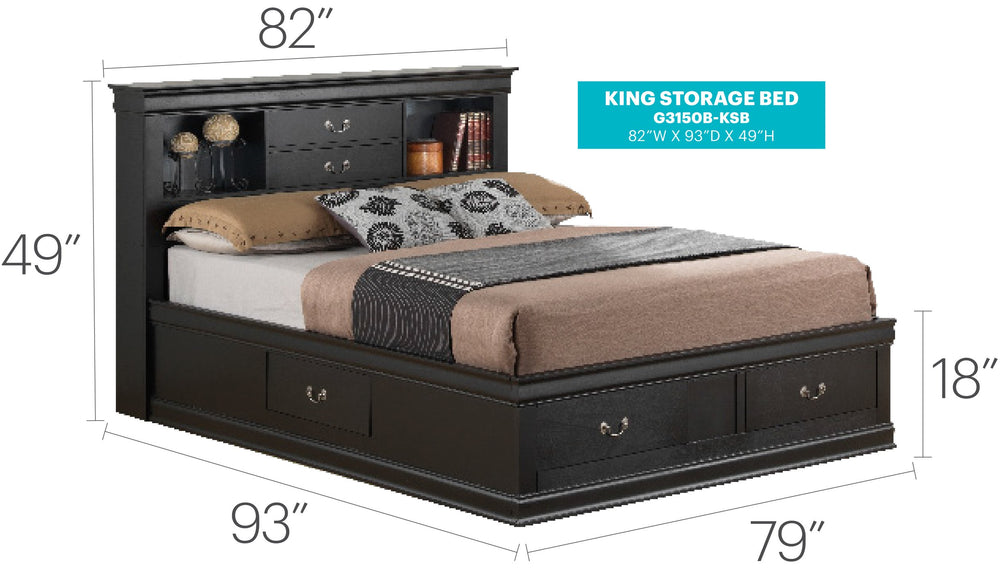 English Elm Elegant Black King Storage Bed: Timeless Design With Hidden Storage For Organized Living Space! B078S00341