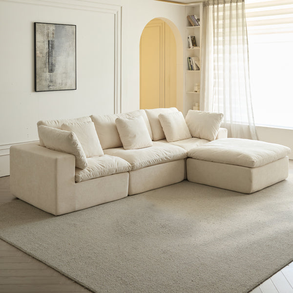 English Elm Cloud Modular Sectional Sofa - Oversized L-Shaped Deep Seat Couch with Sherpa Fabric & Ottoman Comfort Beige+White W3622S00004