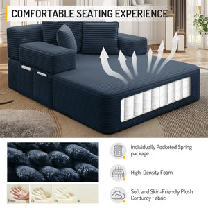 English Elm Luxurious Corduroy Convertible Chaise Lounge Sofa Bed with Storage and Coil Spring Foam Blue W3219P483087