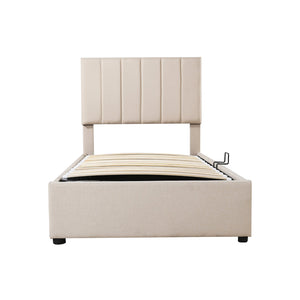 English Elm Twin Upholstered Hydraulic Storage Bed with Vertical Stripe Headboard, Space-Saving Modern Platform Beige SF000185AAA