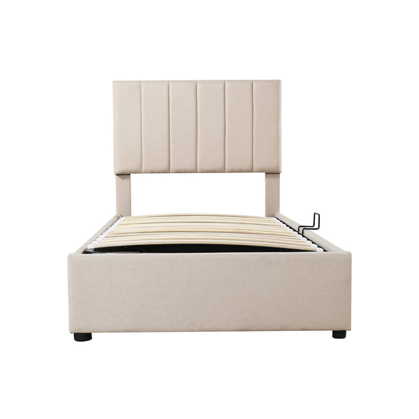 English Elm Twin Upholstered Hydraulic Storage Bed with Vertical Stripe Headboard, Space-Saving Modern Platform Beige SF000185AAA