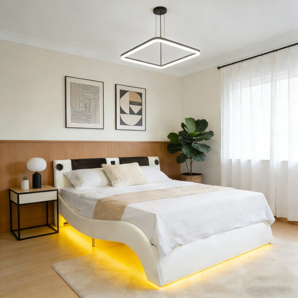 English Elm Faux Leather Queen Platform Bed Curved Headboard Rgb Lighting Bluetooth Massage W2297S00030