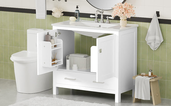 English Elm 36" White Bathroom Vanity with Ceramic Sink, Soft-Close Doors, Divided Drawer & Double Shelves for Organized Modern Bathrooms N729P276609K