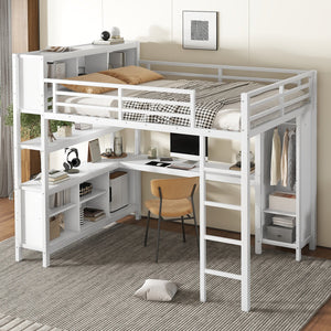 English Elm Metal Queen Size Loft Bed With L-Shaped Desk, Storage Cubes & Shelves For Kids, Teens & Adults W1580S00108
