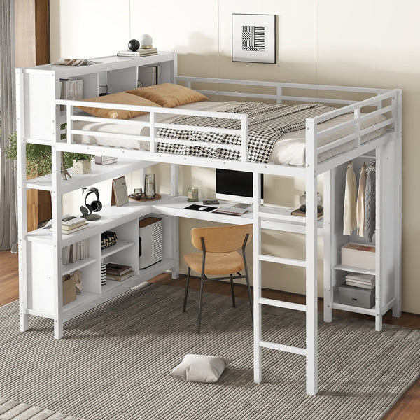 English Elm Metal Queen Size Loft Bed With L-Shaped Desk, Storage Cubes & Shelves For Kids, Teens & Adults W1580S00108