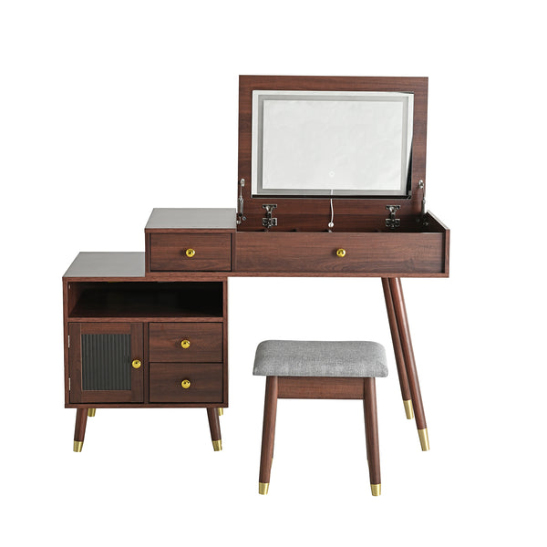English Elm 3-in-1 Vanity Desk with LED Flip Mirror, Compact Makeup/Dressing Table with Storage Drawers & Stool Walnut N844P291656W