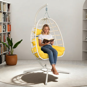 English Elm Egg Hanging Chair with Stand Pe Rattan Swing Seat Washable Cushion Patio Bedroom T5880P497428