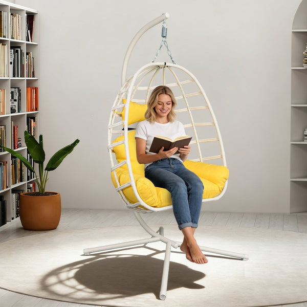 English Elm Egg Hanging Chair with Stand Pe Rattan Swing Seat Washable Cushion Patio Bedroom T5880P497428