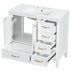 English Elm Christopher Knight Home® - 36" Vintage-inspired Bathroom Vanity with Ceramic Sink, Solid Wood Frame, Soft-Close Drawers, Spacious Storage White N759P293646K