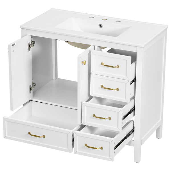 English Elm Christopher Knight Home® - 36" Vintage-inspired Bathroom Vanity with Ceramic Sink, Solid Wood Frame, Soft-Close Drawers, Spacious Storage White N759P293646K