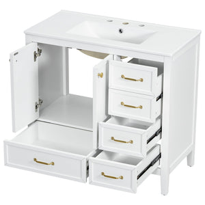 English Elm 36" Solid Pine Bathroom Vanity with Ceramic Sink 4 Soft Close Drawers Vintage Style White N759S293646K